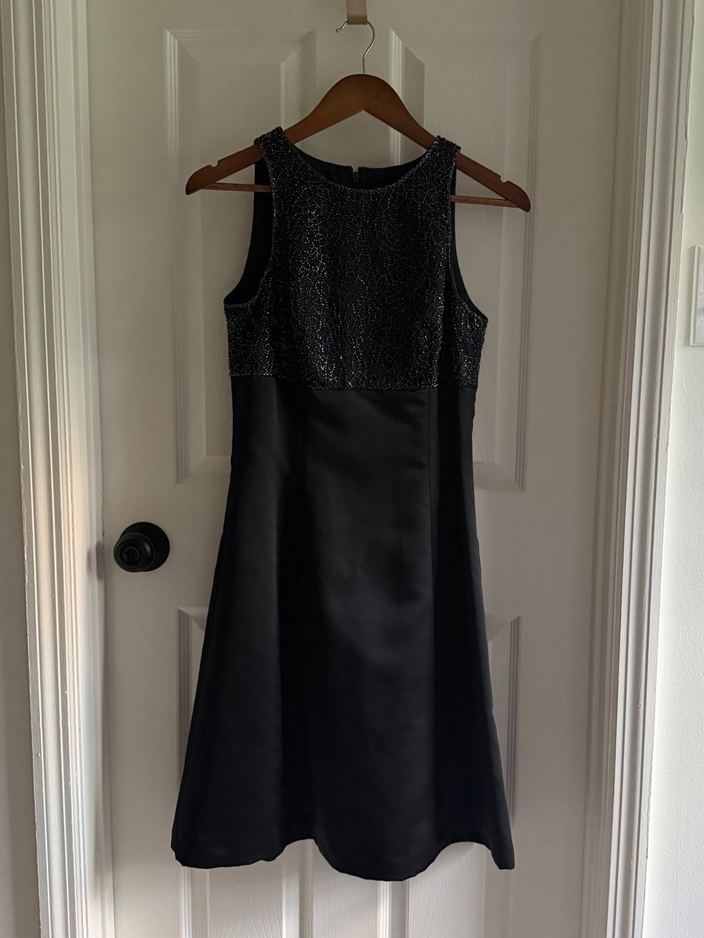 JS Boutique Black Sleeveless A‑Line Dress with Beaded Bodice